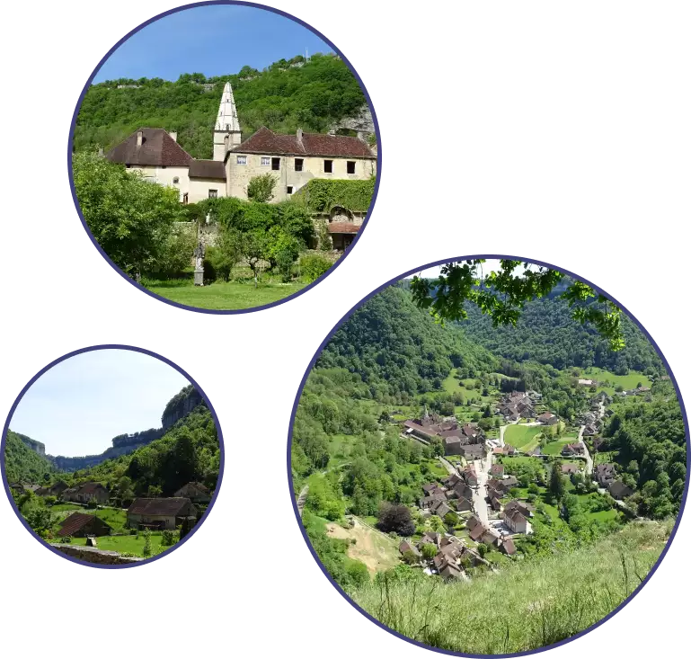 Trois images dans des cercles. La première montre une partie du village de Baume-les-Messieurs, on peut y voir quelques maisons ainsi que leurs jardins fleuris. C'est le printemps, il fait beau et bien vert. La deuxième photo montre l'Abbaye dans son ensemble. On peut y voir la grande tour en forme de pointe mais aussi plusieurs habitats qui sont utiles aux moines. Les toits sont bruns et les murs blancs. Il y a au premier plan, un jardin bien vert, avec des arbres fleuris et aussi un buste blanc. La troisième photo est celle d'un point de vue. On peut y voir toute la vallée avec le village en son sein. Il y a deux grands axes. Les toits sont bruns. Il fait beau et la nature est bien verte.